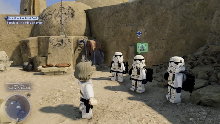 Przyjmijcie zlecenie od Szturmowca stojącego przy kantynie w Mos Eisley - LEGO Skywalker Saga: Ma klounkee mój kolego (Ma Klounkee Most Foul) - solucja, opis przejścia - LEGO Skywalker Saga - poradnik do gry