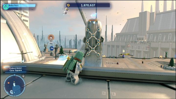 Do zdobycia tej znajdźki potrzebujecie zbieracza z wyrzutnią sieci i liną (te gadżety zdobędziecie w 6 i 7 epizodzie) - LEGO Skywalker Saga: Dzielnica federalna - lista wszystkich łamigłówek - LEGO Skywalker Saga - poradnik do gry