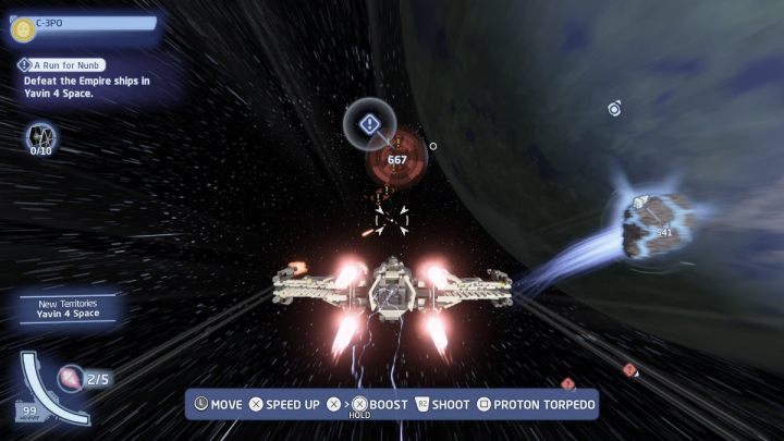 Gdy dolecicie w pobliże planety Yavin 4, podlećcie do statku zleceniodawcy i zestrzelcie wszystkie statki Imperium - LEGO Skywalker Saga: Działalność dobroczyn(ie)na (A Run for Nunb) - solucja, opis przejścia - LEGO Skywalker Saga - poradnik do gry
