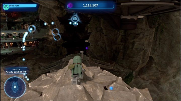 Kolejny klocek schowany jest na skale, zaraz obok drążka, do którego można się przyciągnąć - LEGO Skywalker Saga: Miasto Pau - lista wszystkich łamigłówek - LEGO Skywalker Saga - poradnik do gry