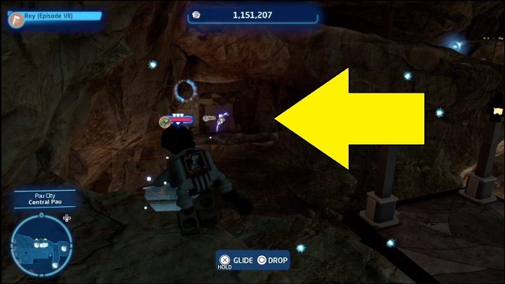 Do zdobycia tej znajdźki potrzebujecie zbieracza z lotnią i burzącym blasterem (zdobędziecie je w 6 i 7 epizodzie) - LEGO Skywalker Saga: Miasto Pau - lista wszystkich łamigłówek - LEGO Skywalker Saga - poradnik do gry