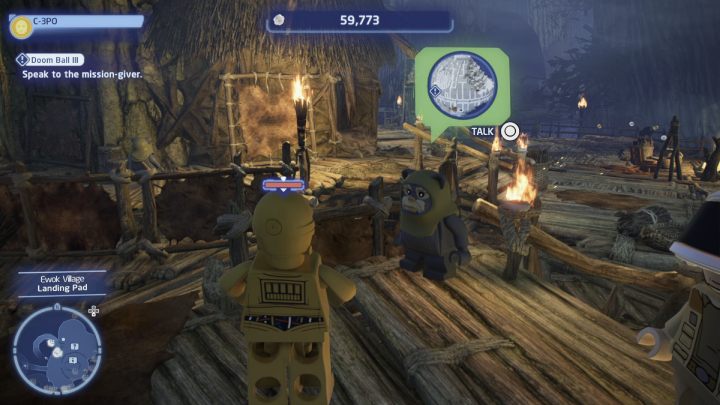 Sterując droidem protokolarnym, porozmawiajcie ze zleceniodawcą w wiosce ewoków i przyjmijcie zadanie - LEGO Skywalker Saga: Kula Zguby III (Doom Ball III) - solucja, opis przejścia - LEGO Skywalker Saga - poradnik do gry