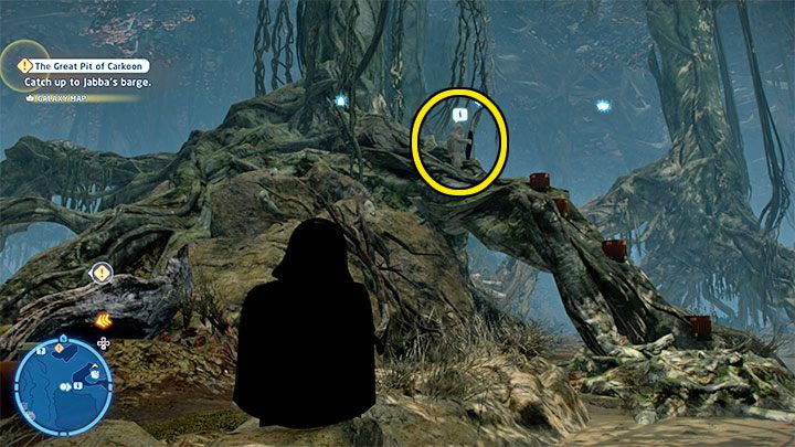Musicie skakać po wystających małych pniach żeby dotrzeć do zaznaczonego na obrazku wookieego stojącego u podstawy jednego z wielkich drzew - LEGO Skywalker Saga: Gdzie jest wookiee? (Wheres the Wookiee?) - lista wszystkich (cz. 1) - LEGO Skywalker Saga - poradnik do gry