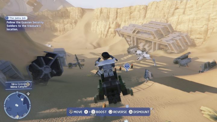 Udajcie się za wyznacznikiem w miejsce ukrycia skarbu - LEGO Skywalker Saga: Działania na Jakku (The Jakku Job) - solucja, opis przejścia - LEGO Skywalker Saga - poradnik do gry