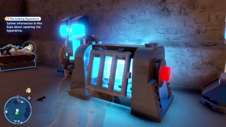 Aby dostać się do drugiej baterii musicie wspiąć się po drabinie na górę, następnie przejść po desce, aż dotrzecie na dach budynku - LEGO Skywalker Saga: Mos Espa - lista wszystkich łamigłówek - LEGO Skywalker Saga - poradnik do gry