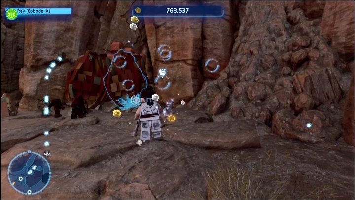 Klocek schowany jest w jaskini, żeby się do niego dostać potrzebujecie mocy Jedi - LEGO Skywalker Saga: Pustynia Jundlandii- lista wszystkich łamigłówek - LEGO Skywalker Saga - poradnik do gry