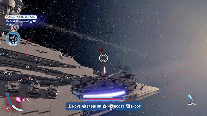 Etap ten rozpoczniecie w przestrzeni kosmicznej, przy czym zanim zajmiecie się atakowaniem niszczycieli musicie doprowadzić do pozbycia się 10 myśliwców TIE - LEGO Skywalker Saga: Nic mi nie mów o szansach (Never Tell Me the Odds) - solucja, opis przejścia - LEGO Skywalker Saga - poradnik do gry
