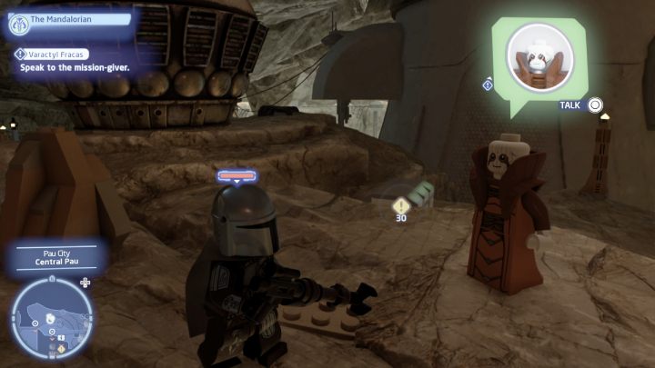 Sterując postacią Łowcy głów porozmawiajcie ze zleceniodawcą w mieście Pau na planecie Utapau - LEGO Skywalker Saga: Awantura o varaktyla (Varactyl Fracas) - solucja, opis przejścia - LEGO Skywalker Saga - poradnik do gry
