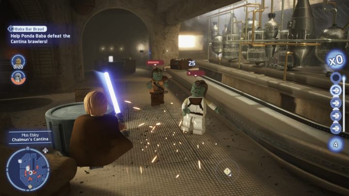 Przełączcie się na dowolną inną postać, ponieważ droidy nie mogą wchodzić do baru i pokonajcie wszystkich 20 wrogów w kantynie - LEGO Skywalker Saga: Barowa batalia Baby (Baba Bar Brawl) - solucja, opis przejścia - LEGO Skywalker Saga - poradnik do gry