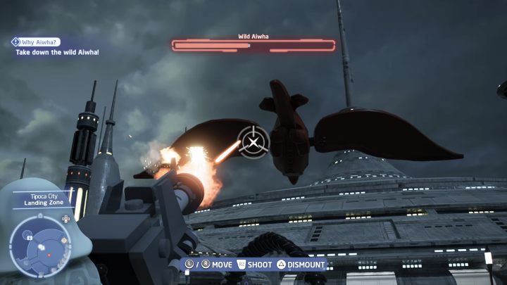 Na platformie znajdziecie działko maszynowe, dzięki któremu szybko uda Wam się zastrzelić latającego przeciwnika - LEGO Skywalker Saga: Dzikość w sercu Kamino (Why Aiwha?) - solucja, opis przejścia - LEGO Skywalker Saga - poradnik do gry