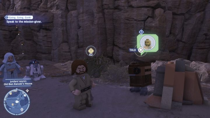 Porozmawiajcie ze zleceniodawcą na terenie pustyni i przyjmijcie zadanie - LEGO Skywalker Saga: Podróż za jeden gonk (Going, Going, Gonk) - solucja, opis przejścia - LEGO Skywalker Saga - poradnik do gry