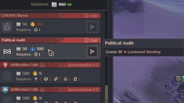 Inny sposób wykorzystania Wpływów to wykorzystanie ich do zwiększenia Pozycji w Landsraadzie o 30 pkt - Dune Spice Wars: Głosy i Wpływy - Dune Spice Wars - poradnik do gry
