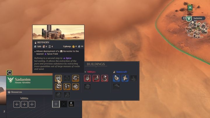 W kolejnym kliknijcie na miasto i z sekcji budowy wybierzcie Rafineria stawiając ją w dowolnym miejscu - Dune Spice Wars: Początek gry krok po kroku - Dune Spice Wars - poradnik do gry