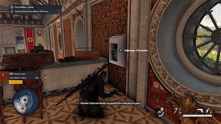 Po prawej stronie znajdziecie mechanizm żyrandola wiszącego nad salą balową - Sniper Elite 5: Cel z listy misji 2, Friedrich Kummler - solucja, opis przejścia - Sniper Elite 5 - poradnik do gry