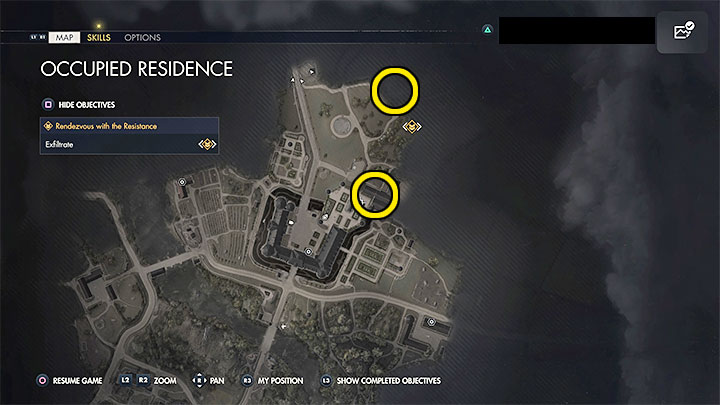W drodze do wyjścia z mapy zwróćcie przede wszystkim uwagę na dwa obszary zaznaczone na powyższym obrazku - Sniper Elite 5: Ewakuacja (misja 2) - solucja, opis przejścia - Sniper Elite 5 - poradnik do gry