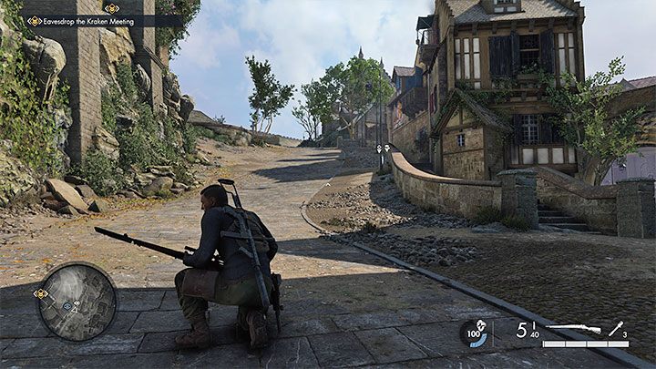 Bardziej oczywistym wariantem jest wybranie głównej drogi prowadzącej na wzgórze, czyli do budynku klasztoru - Sniper Elite 5: Podsłuchanie spotkania i zdobycie danych o Krakenie (misja 3) - solucja, opis przejścia - Sniper Elite 5 - poradnik do gry