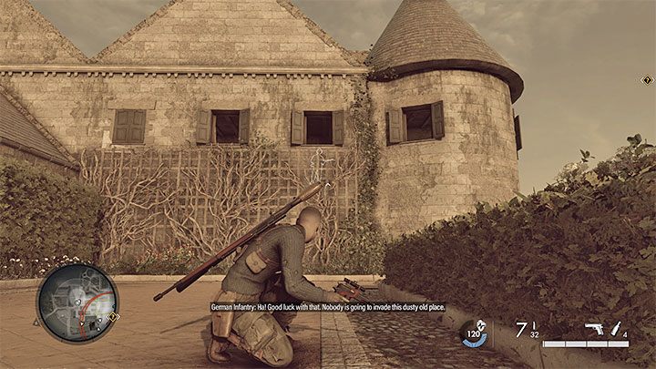 Za chateau znajduje się mniejszy budynek, a skrywa się w nim wrogi snajper - Sniper Elite 5: Mapa misji 2 (Okupowana rezydencja) oraz opis lokacji - Sniper Elite 5 - poradnik do gry