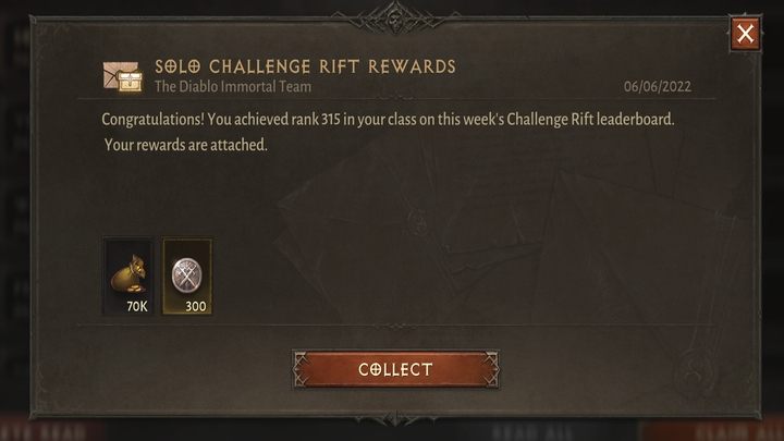 Nagroda tygodniowa za pozycję w rankingu zostanie Wam przekazana wraz z początkiem nowego tygodnia (poniedziałek) poprzez pocztę wewnątrz gry - Diablo Immortal: Szczelina wyzwań (Challenge Rift) - Diablo Immortal - poradnik do gry