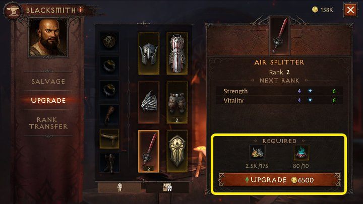 Rangi przedmiotów w grze Diablo Immortal możecie podnosić u kowala, jednak będziecie do tego potrzebować złota i określonych materiałów, które zawsze wyświetlają się w wymaganiach, które zostały oznaczone na powyższym obrazku - Diablo Immortal: Przedmioty - jak ulepszać? - Diablo Immortal - poradnik do gry