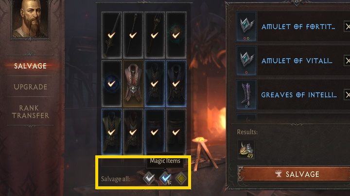 Wskazówka: skorzystajcie z przycisków w dolnej części okna, by zaznaczyć automatycznie wszystkie przedmioty określonej klasy - Diablo Immortal: Crafting i ulepszanie wyposażenia - Diablo Immortal - poradnik do gry