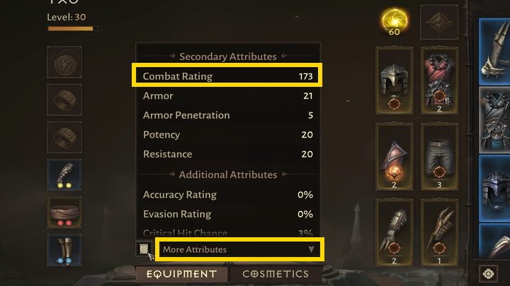 Teraz wybierzcie pozycję tekstową Więcej atrybutów, by ujrzeć szczegółowe dane na temat cech Waszej postaci i jej przedmiotów - Diablo Immortal: Współczynnik bojowy (Combat Rating / CR) - jak sprawdzać? - Diablo Immortal - poradnik do gry