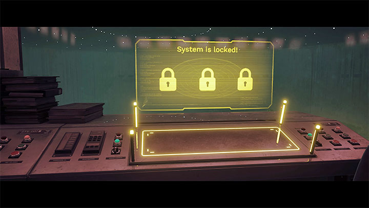Na ekranie widoczne są 3 żółte kłódki i jest wyświetlana informacja o blokadzie dostępu do systemu (System is Locked) - Stray: Pomieszczenie kontrolne (Control Room), rozdział 12 - solucja, opis przejścia, zakończenie - Stray - poradnik do gry