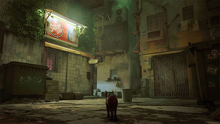 Rozpocznijcie przed garażem ze Strażnikiem, obróćcie się i wyruszcie w stronę prawej oddalonej alejki z powyższego obrazka - Stray: Mapa slumsów (The Slums) - czy jest dostępna w grze? - Stray - poradnik do gry
