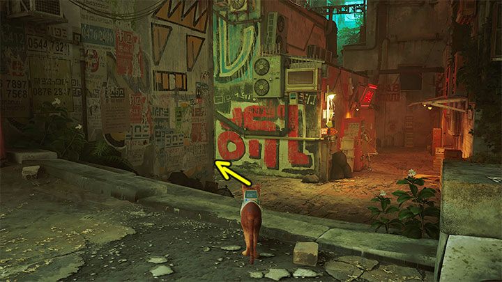 Rozpocznijcie przed garażem ze Strażnikiem, obróćcie się i wybierzcie małą alejkę na lewo z powyższego obrazka - Stray: Mapa slumsów (The Slums) - czy jest dostępna w grze? - Stray - poradnik do gry