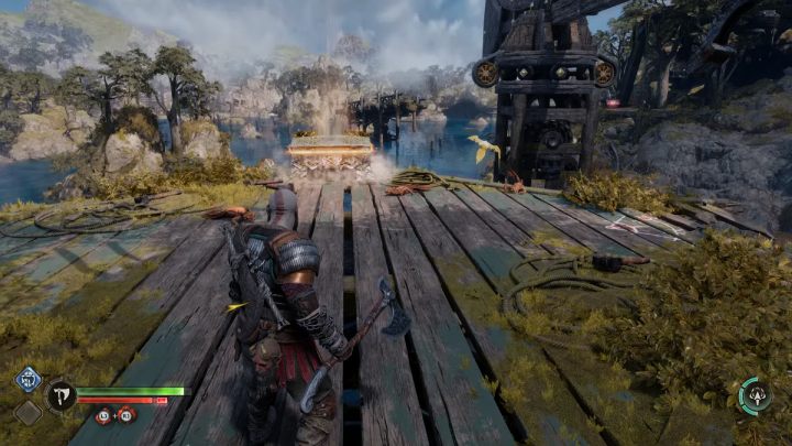 Skrzynia stoi na szczycie drewnianej konstrukcji - God of War Ragnarok: Platforma Modvitnira (Modvitnirs Rig), Svartalfheim - sekrety, znajdźki - God of War Ragnarok - poradnik do gry