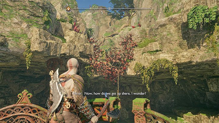 Ustawcie się w miejscu, w którym widać łańcuch przykryty przez czerwone pnącza - God of War Ragnarok: Niepokój Frei (Freyas Missing Peace) - solucja, opis przejścia - God of War Ragnarok - poradnik do gry