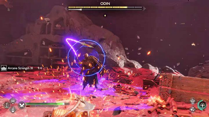 Odyn może odpalać niebieskie ataki - przeszkadzajcie mu uderzając go tarczą, a więc podbiegając do niego i wciskając dwukrotnie L1 - God of War Ragnarok: Odyn (Odin) - jak pokonać finałowego bossa? - God of War Ragnarok - poradnik do gry