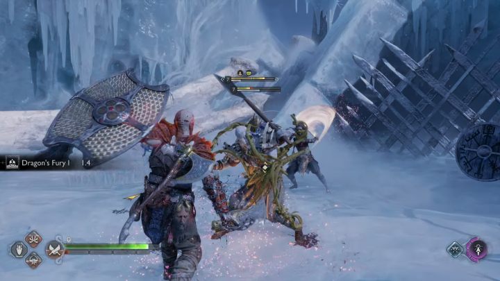 Gdy główny przeciwnik straci połowę paska zdrowia, przyzwie kilku pomocników Vikenów (Vikens) - God of War Ragnarok: Jak pokonać Strażniczkę Kruków (The Raven Keeper)? - God of War Ragnarok - poradnik do gry