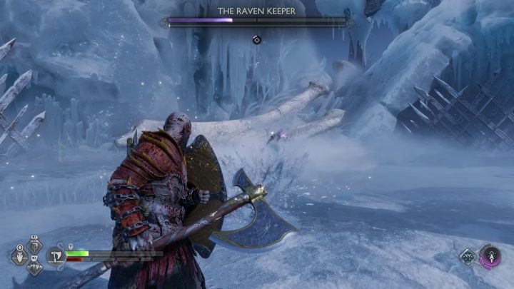 Strażniczka Kruków (The Raven Keeper) co jakiś czas wypuści 2 pociski Bifrost, jeden po drugim - God of War Ragnarok: Jak pokonać Strażniczkę Kruków (The Raven Keeper)? - God of War Ragnarok - poradnik do gry