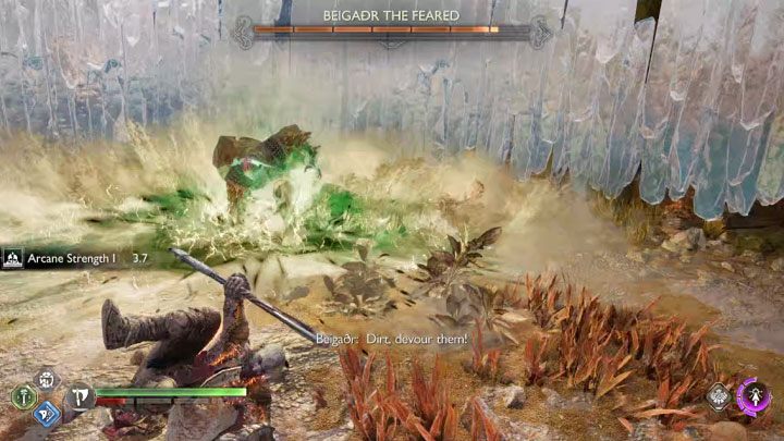 Czerwonym atakiem Beigadra jest wybicie się ponad arenę i nagłe lądowanie - miejsce lądowania symbolizuje zielony okrąg - God of War Ragnarok: Jak pokonać berserka Beigadr Straszny (Beigadr the Feared)? - God of War Ragnarok - poradnik do gry