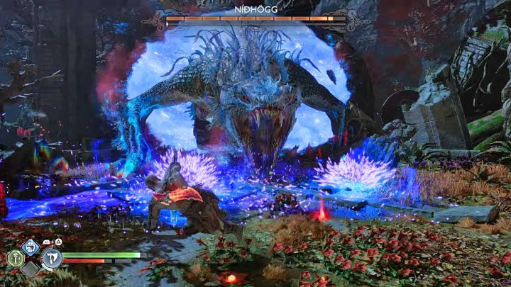 Niebezpiecznym czerwonym atakiem bossa jest wytworzenie pola bifrostu, które pojawia się przed wrogą kreaturą - God of War Ragnarok: Jak pokonać Nidhogga, węża z Vanaheim? - God of War Ragnarok - poradnik do gry