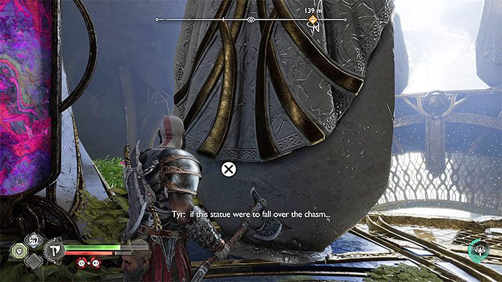 Pomóżcie sobie wiszącymi obiektami i interaktywnym zaczepem żeby dołączyć do Tyra na oddalonej półce - God of War Ragnarok: Sekret Gróy (Groas Secret) - solucja, opis przejścia - God of War Ragnarok - poradnik do gry