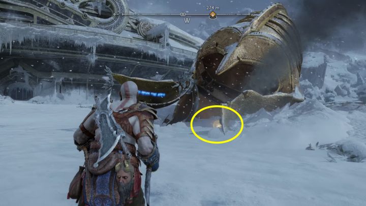 Roztrzaskany hełm łatwo zlokalizować po wydobywającym się z niego dymie - God of War Ragnarok: Jezioro Dziewięciu (Lake of Nine), Midgard - serkety, znajdźki - God of War Ragnarok - poradnik do gry