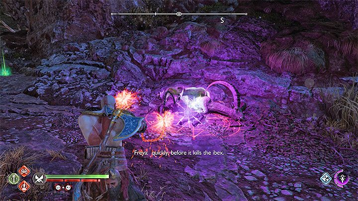 Przy każdym z fioletowych zwierząt musicie użyć Ostrzy Chaosu do wykonania ataku (przycisk R2) - God of War Ragnarok: Nocny drapieżnik (Nocturnal Predator) - solucja, opis przejścia - God of War Ragnarok - poradnik do gry