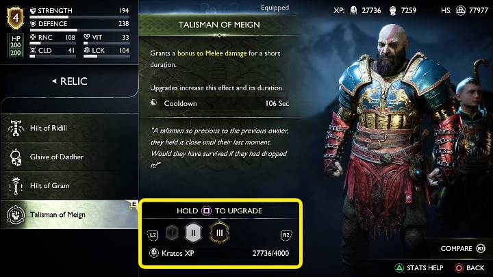 Relikty można ulepszać do maksymalnie 3 poziomu, wykorzystując do tego punkty doświadczenia Kratosa - God of War Ragnarok: Bronie - God of War Ragnarok - poradnik do gry
