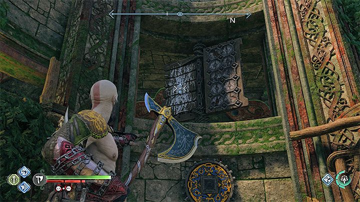 Po wylądowaniu na dole szybu windy rzućcie toporem w obrotowy mechanizm z obrazka - God of War Ragnarok: Szlak zniszczenia (Path of Destruction) - solucja, opis przejścia - God of War Ragnarok - poradnik do gry