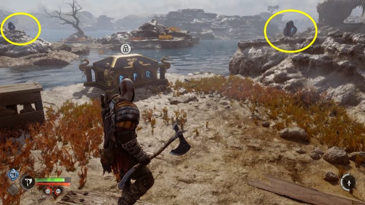 Aby otworzyć skrzynię, należy zniszczyć 3 kamienie z runami - God of War Ragnarok: Mokradła Aurvangar (Aurvangar Wetlands), Svartalfheim - sekrety, znajdźki - God of War Ragnarok - poradnik do gry
