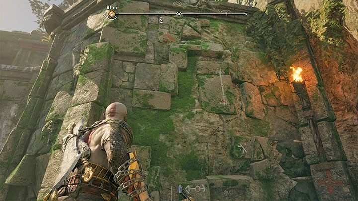 Znajdźcie w ruinach miejsce do wspinaczki - pokazuje je obrazek - God of War Ragnarok: Zaginiony pancerz Lundy (Lundas Lost Armour) - 3 części pancerza w Vanaheim - God of War Ragnarok - poradnik do gry