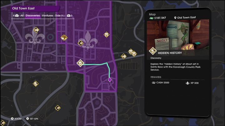 Aktywność Tajna historia znajduje się w zachodniej części dzielnicy Wschodnie Stare Miasto, niedaleko granicy z inną lokacją - Saints Row 2022: Odkrycia (Wschodnie Stare Miasto) - lista i opisy aktywności - Saints Row - poradnik do gry