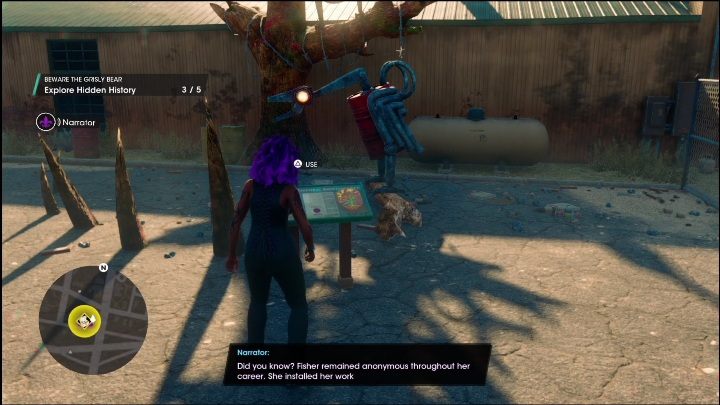 Kolejny punkt znajdziecie przy instalacji artystycznej łączącej metalowe obiekty z drzewem - obiekt z tyłu to element kolekcji dużej - Saints Row 2022: Odkrycia (Wschodnie Stare Miasto) - lista i opisy aktywności - Saints Row - poradnik do gry