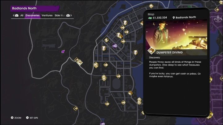 Aktywność Śmiecionurek znajduje się w południowej części dzielnicy, przy krańcu mapy - Saints Row 2022: Odkrycia (Północne Pustkowia) - lista i opisy aktywności - Saints Row - poradnik do gry
