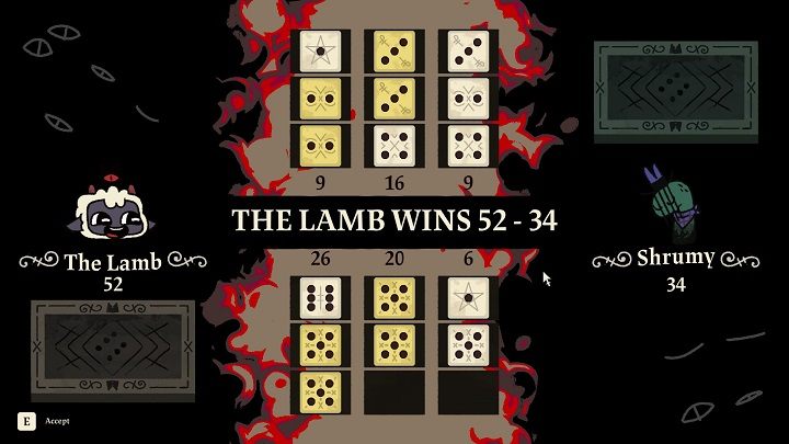 Każdy gracz w Knucklebones ma do dyspozycji 3 kolumny, w których może umieścić maksymalnie 3 kości - Cult of the Lamb: Jak grać w Knucklebones? - Cult of the Lamb - poradnik do gry