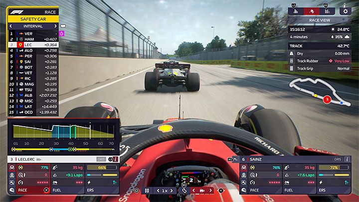 Zużycie może zmniejszać bliskie podążanie za innym bolidem i jest to szczególnie zauważalne jeśli bolid przed Wami jest wolniejszy od Waszego - F1 Manager 2022: Zużycie paliwa - jak zmniejszać, polecenia dotyczące paliwa - F1 Manager 2022 - poradnik do gry