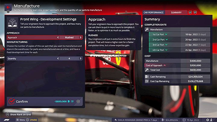 Po wybraniu jednej z części Aerodynamiki możecie - F1 Manager 2022: Bolidy i ich rozwój - projektowanie części (Design) - F1 Manager 2022 - poradnik do gry