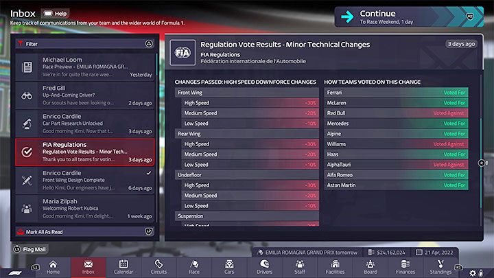 Po kilku dniach otrzymacie kolejną wiadomość, tym razem z wynikami głosowania - F1 Manager 2022: Kolejny sezon - zmiany w przepisach, badania (Research) - F1 Manager 2022 - poradnik do gry