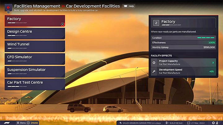 Obiekty zespołu (Facilities) mają swoją osobną zakładkę w głównym menu gry - F1 Manager 2022: Najlepsze obiekty (Facilities) i personel (Staff) - F1 Manager 2022 - poradnik do gry
